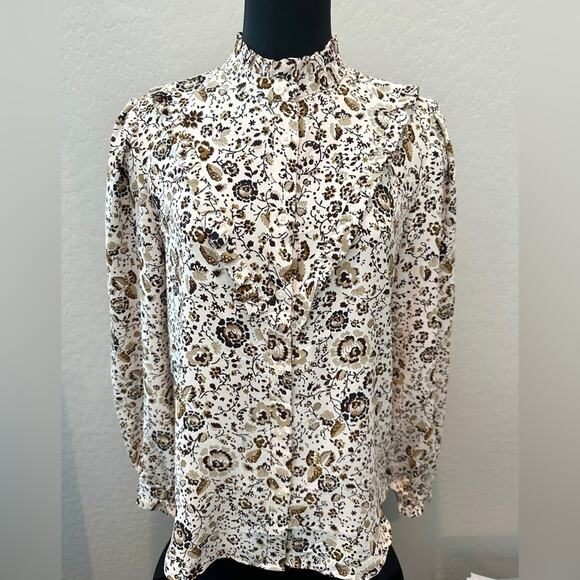ANN TAYLOR | Button Down Blouse Ivory Brown Floral Ruffle Trim Top | Size Medium - Picture 2 of 7